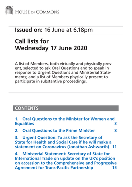 Call List for Wed 17 Jun 2020