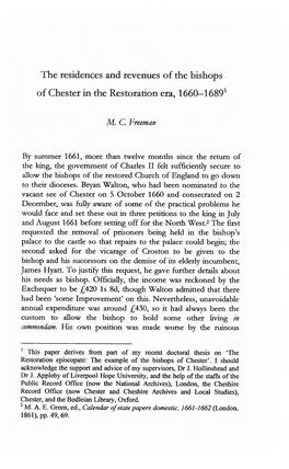 The Residences and Revenues of the Bishops of Chester in the Restoration Era, 1660—16891
