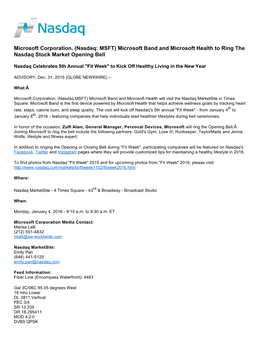 Microsoft Corporation, (Nasdaq: MSFT) Microsoft Band and Microsoft Health to Ring the Nasdaq Stock Market Opening Bell