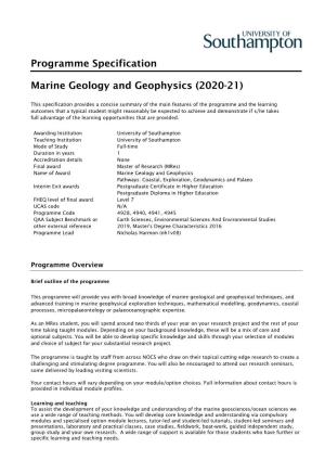 Programme Specification Marine Geology and Geophysics (2020-21)