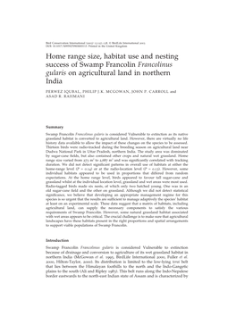 Home Range Size, Habitat Use and Nesting Success of Swamp Francolin Francolinus Gularis on Agricultural Land in Northern India