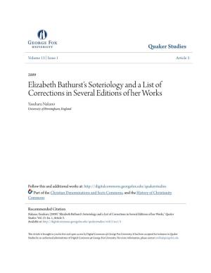 Elizabeth Bathurst's Soteriology and a List of Corrections in Several Editions of Her Works Yasuharu Nakano University of Birmingham, England