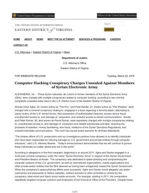 Computer Hacking Conspiracy Charges Unsealed Against Members of Syrian Electronic Army