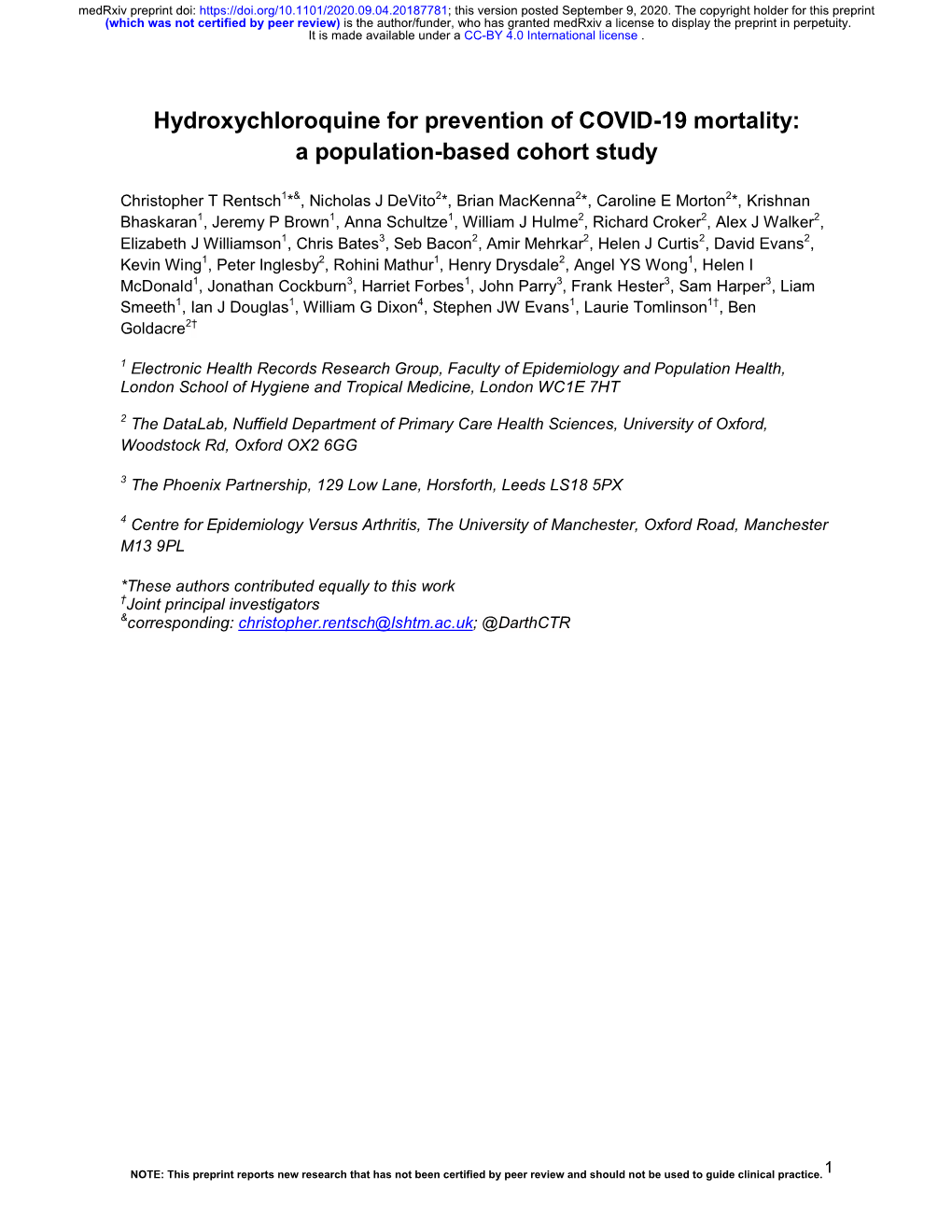 Hydroxychloroquine for Prevention of COVID-19 Mortality: a Population-Based Cohort Study