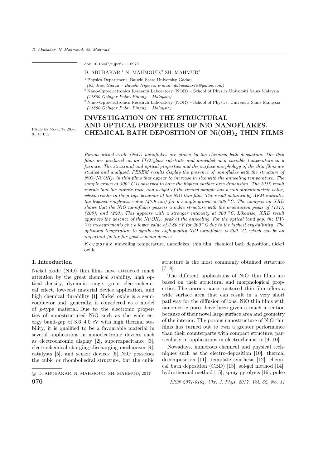 INVESTIGATION on the STRUCTURAL and OPTICAL PROPERTIES of Nio NANOFLAKES