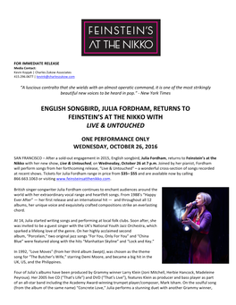 English Songbird, Julia Fordham, Returns to Feinstein’S at the Nikko with Live & Untouched