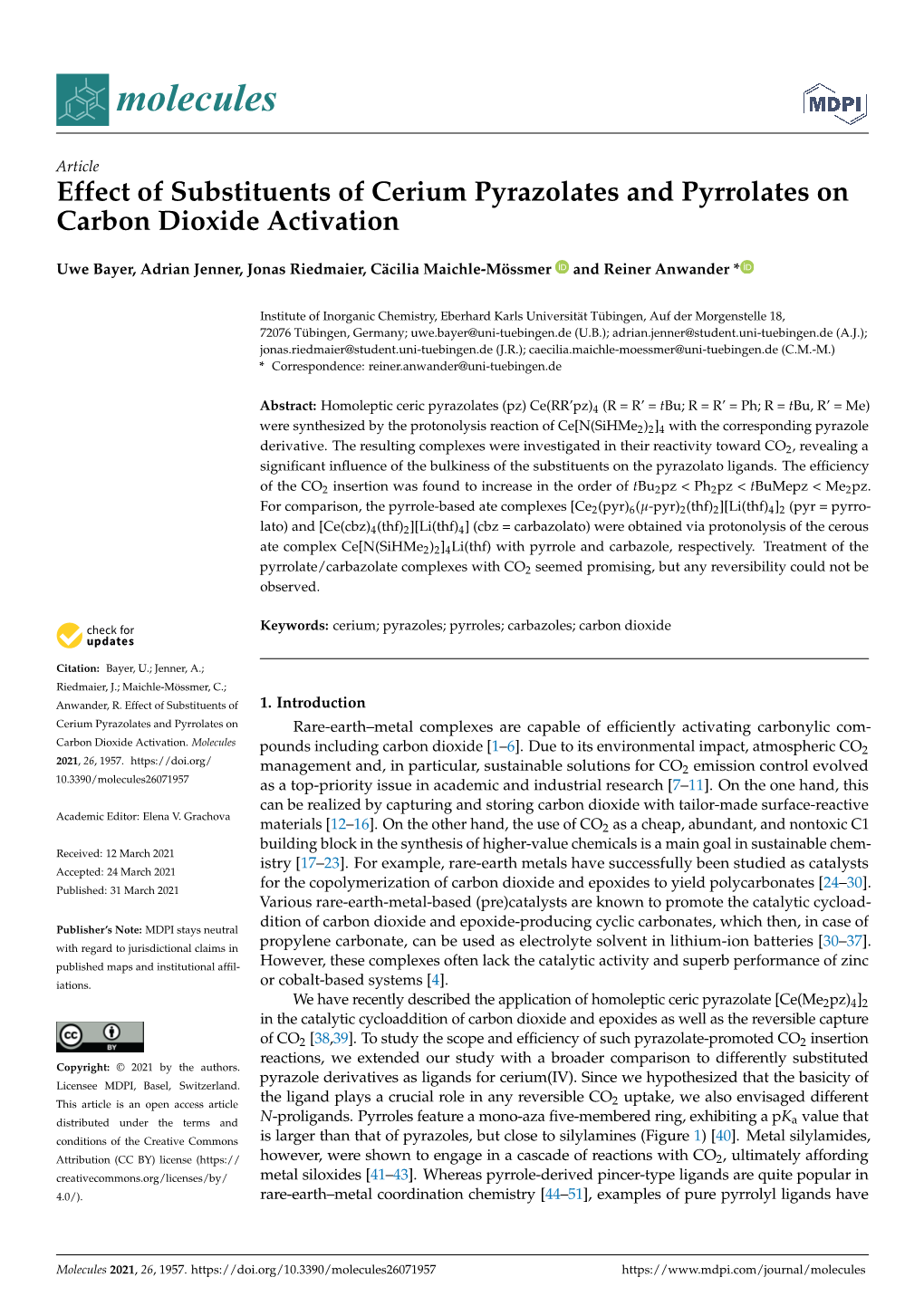 Effect of Substituents of Cerium Pyrazolates and Pyrrolates on Carbon Dioxide Activation