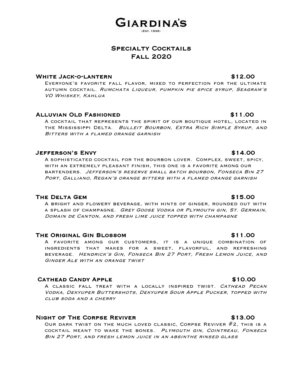 Specialty Cocktails Fall 2020