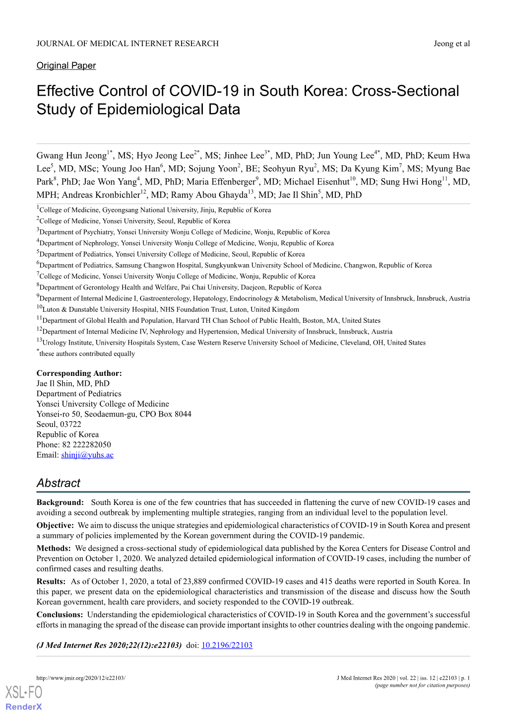 Effective Control of COVID-19 in South Korea: Cross-Sectional Study of Epidemiological Data