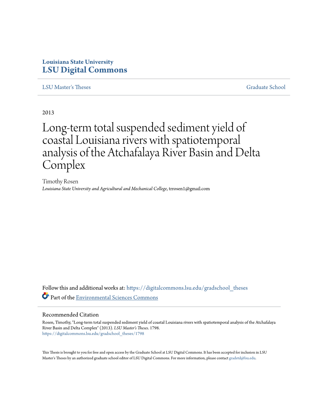 Long-Term Total Suspended Sediment Yield of Coastal Louisiana Rivers