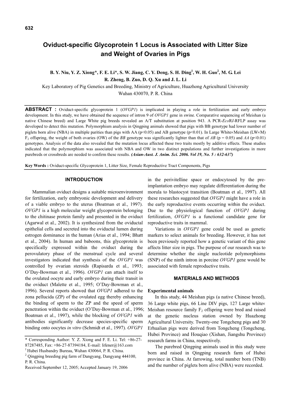 Oviduct-Specific Glycoprotein 1 Locus Is Associated with Litter Size and Weight of Ovaries in Pigs