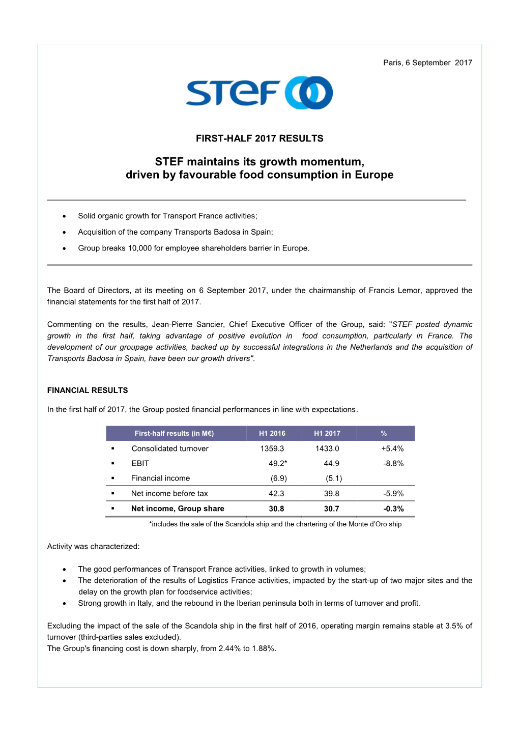 STEF Maintains Its Growth Momentum, Driven by Favourable Food Consumption in Europe