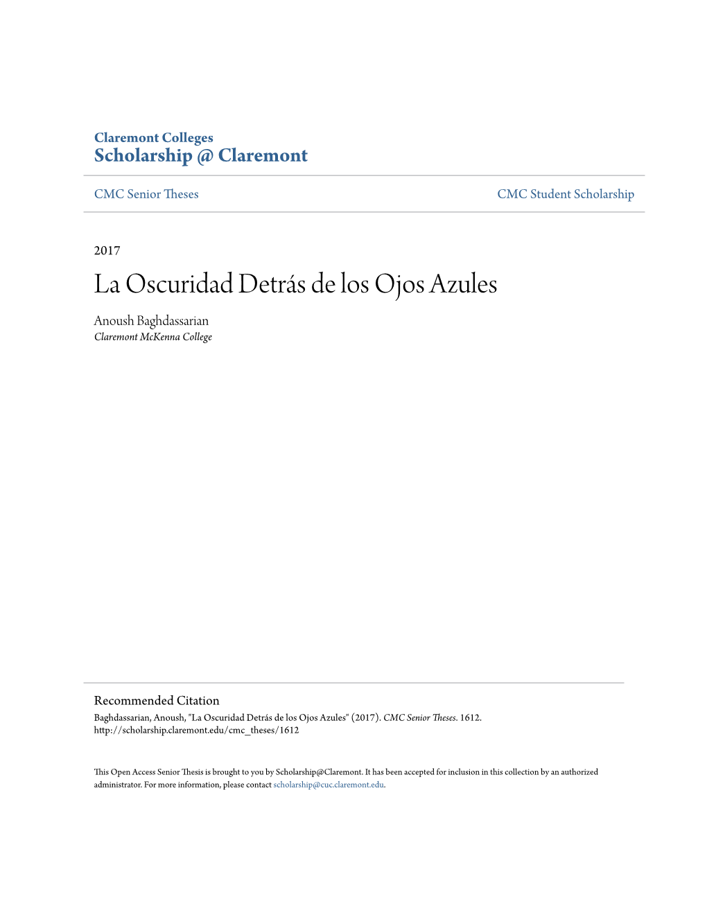 La Oscuridad Detrás De Los Ojos Azules Anoush Baghdassarian Claremont Mckenna College