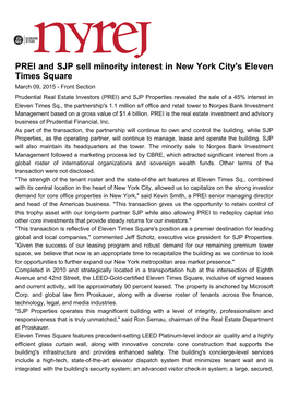 PREI and SJP Sell Minority Interest in New York City's