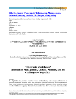 “Electronic Wastelands? Information Management, Cultural Memory, and the Challenges of Digitality”