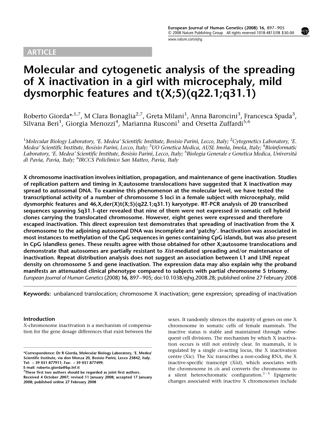 Molecular and Cytogenetic Analysis of the Spreading of X Inactivation in a Girl with Microcephaly, Mild Dysmorphic Features and T(X;5)(Q22.1;Q31.1)