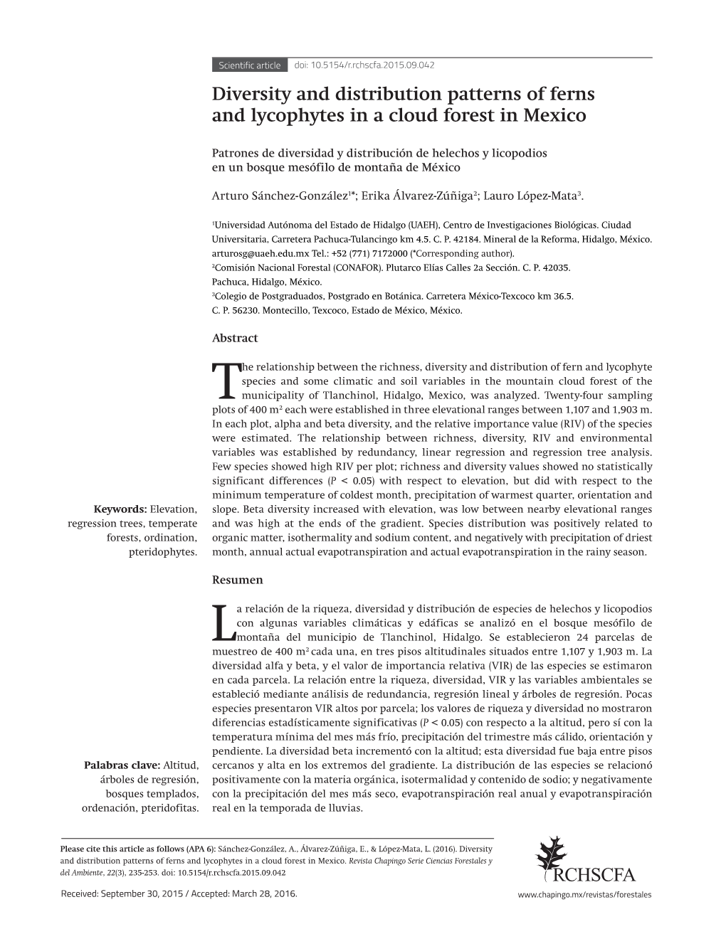 Diversity and Distribution Patterns of Ferns and Lycophytes in a Cloud Forest in Mexico