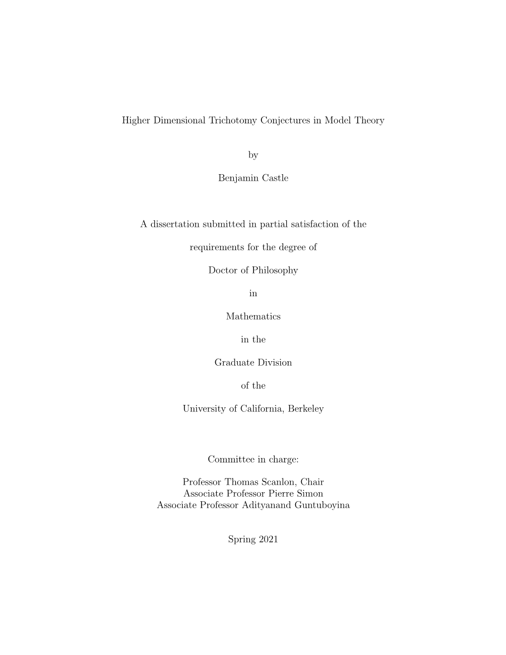 Higher Dimensional Trichotomy Conjectures in Model Theory By