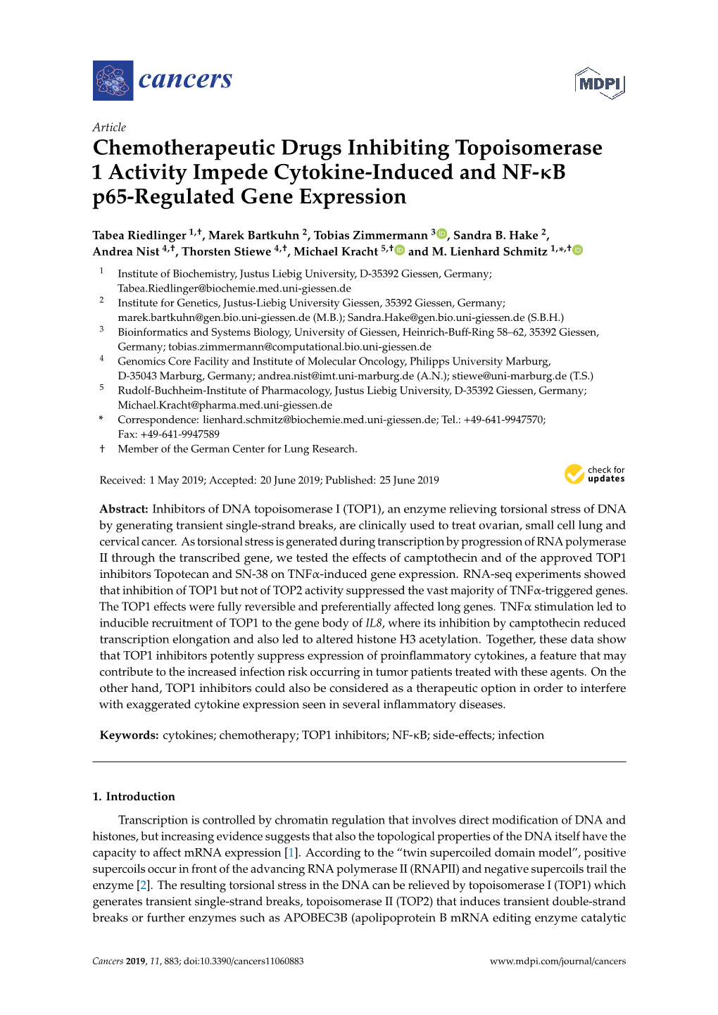 Chemotherapeutic Drugs Inhibiting Topoisomerase 1 Activity Impede Cytokine-Induced and NF-Κb P65-Regulated Gene Expression