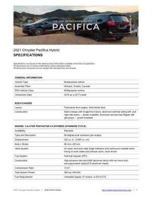 2021 Chrysler Pacifica Hybrid SPECIFICATIONS