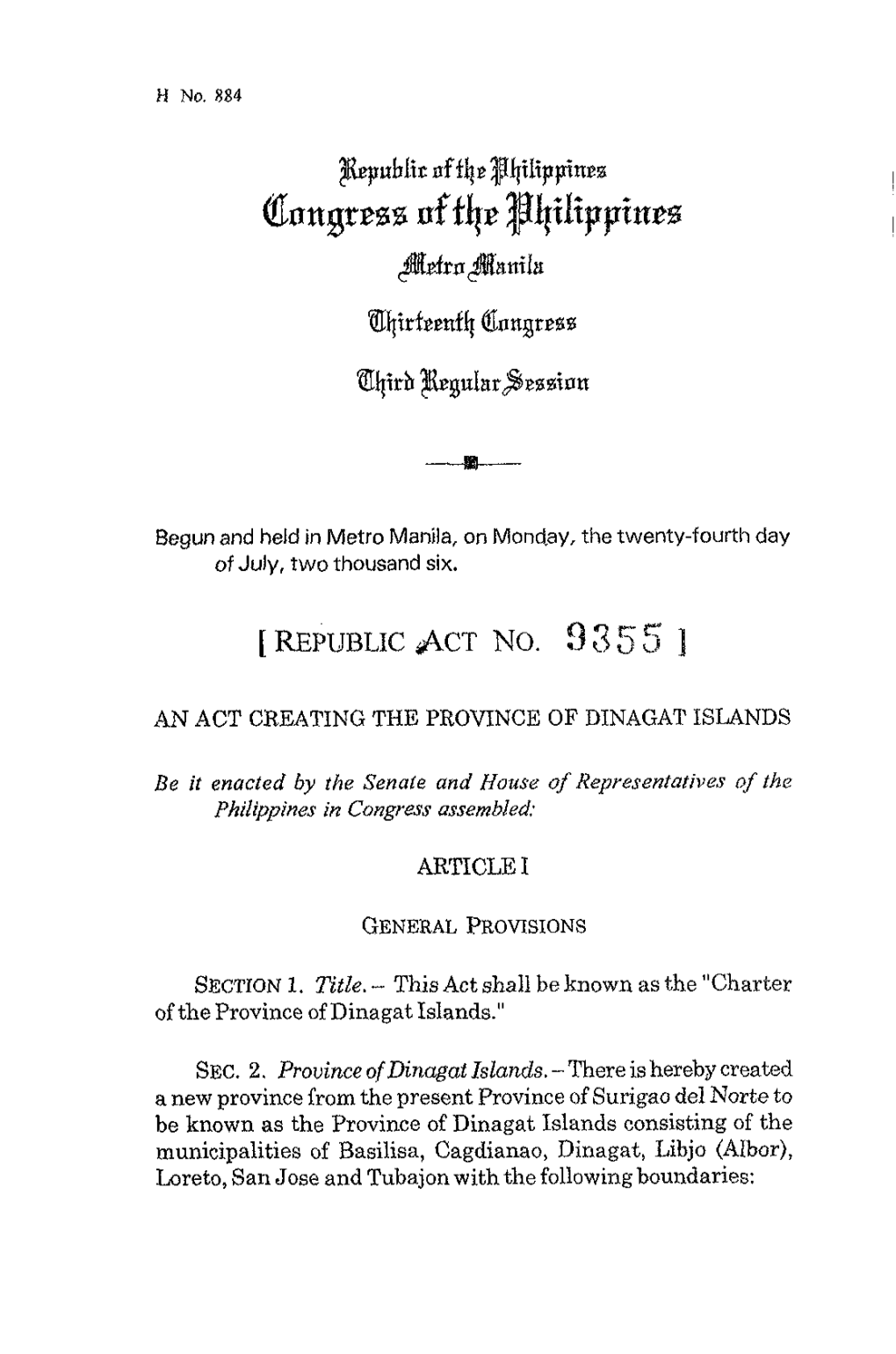 Republic Act No. 9355 an Act Creating the Province of Dinagat Islands