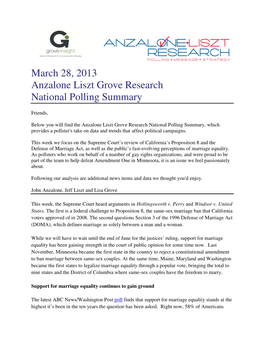 March 28, 2013 Anzalone Liszt Grove Research National Polling Summary