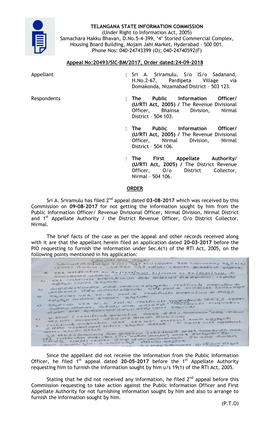 TELANGANA STATE INFORMATION COMMISSION (Under Right to Information Act, 2005) Samachara Hakku Bhavan, D.No.5-4-399, '4' Stor