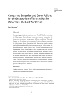 Comparing Bulgarian and Greek Policies for the Integration of Turkish/Muslim Minorities: the Cold War Period*