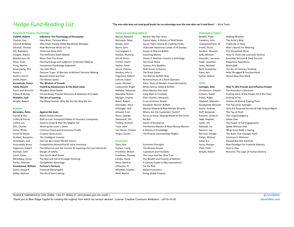 Hedge Fund Reading List "The Man Who Does Not Read Good Books Has No Advantage Over the Man Who Can't Read Them." - Mark Twain