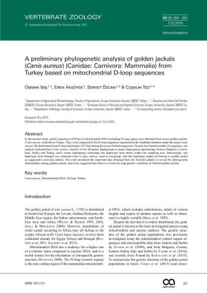 A Preliminary Phylogenetic Analysis of Golden Jackals (Canis Aureus) (Canidae: Carnivora: Mammalia) from Turkey Based on Mitochondrial D-Loop Sequences