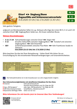 Eitorf Siegburg/Bonn Zugausfälle Und Schienenersatzverkehr 15.8