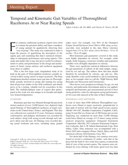 Temporal and Kinematic Gait Variables of Thoroughbred Racehorses at Or Near Racing Speeds Jeffrey A.Seder, AB, JD, MBA, and Charles E