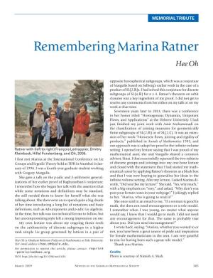 Remembering Marina Ratner Hee Oh