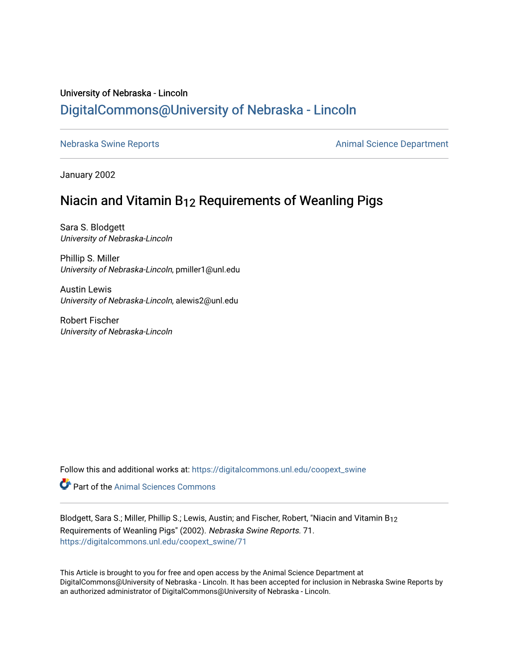 Niacin and Vitamin B12 Requirements of Weanling Pigs