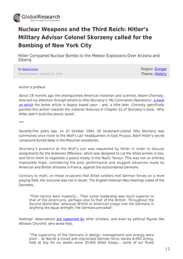 Nuclear Weapons and the Third Reich: Hitler’S Military Advisor Colonel Skorzeny Called for the Bombing of New York City