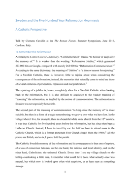 Sweden and the Five Hundred Year Reformation Anamnesis a Catholic Perspective