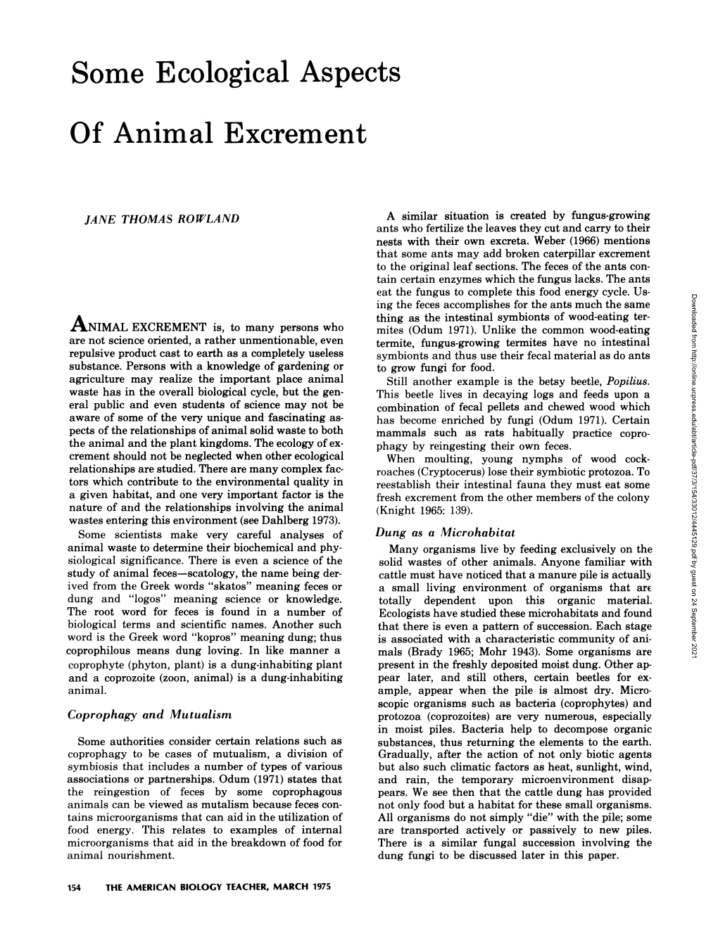 Some Ecological Aspects of Animal Excrement