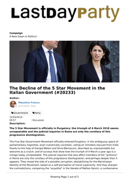 The Decline of the 5 Star Movement in the Italian Government (#20233)​ Author: Massimo Franco 1 Journalist, Italy