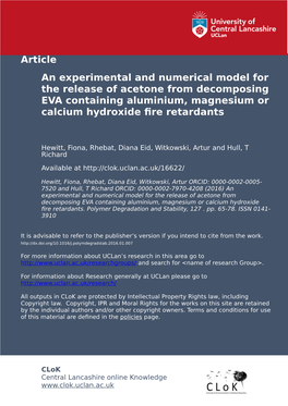 An Experimental and Numerical Model for the Release of Acetone from Decomposing EVA Containing Aluminium, Magnesium Or Calcium Hydroxide Fire Retardants