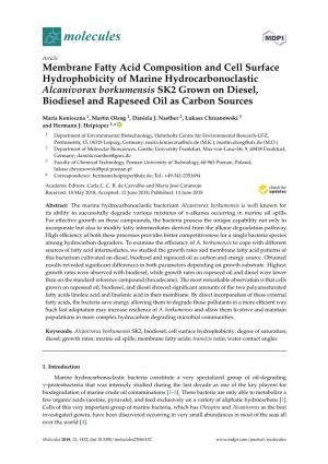 Membrane Fatty Acid Composition and Cell Surface Hydrophobicity Of