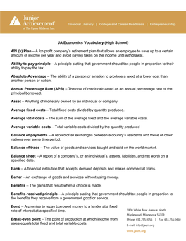 JA Economics Vocabulary (High School) 401 (K) Plan – a For-Profit