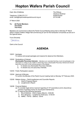 9Th March 2020 in Hopton Wafers Village Hall Commencing at 7Pm for the Transaction of Business As Set out in the Agenda Below