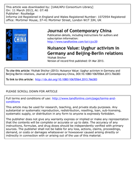 Uyghur Activism in Germany and Beijing–Berlin Relations Yitzhak Shichor Version of Record First Published: 01 Mar 2013