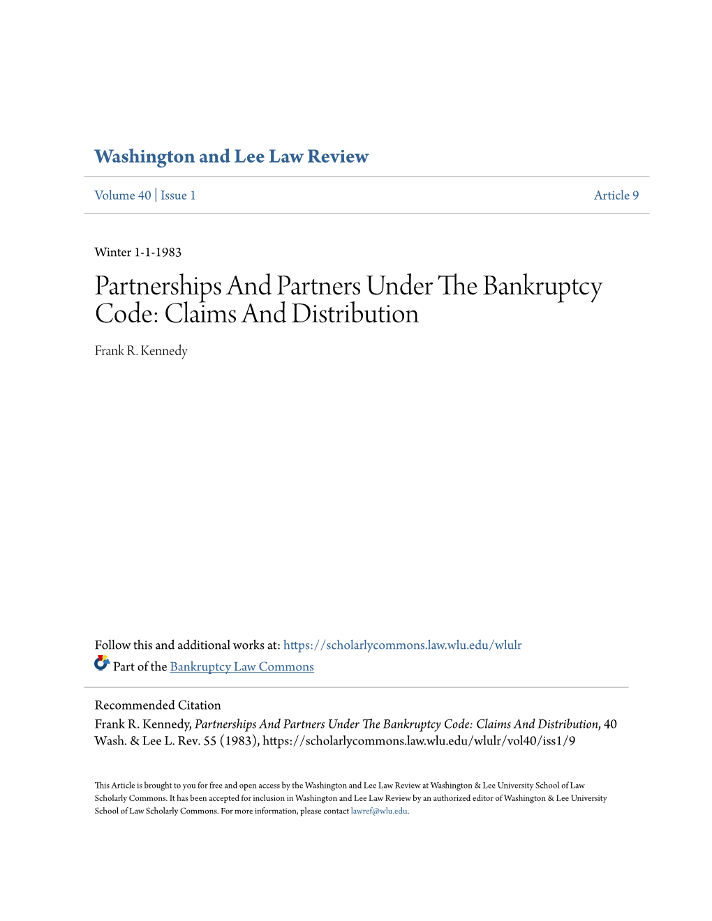 Partnerships and Partners Under the Bankruptcy Code: Claims and Distribution, 40 Wash