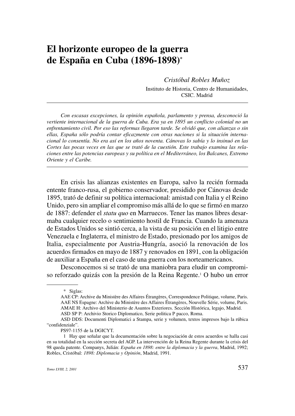 El Horizonte Europeo De La Guerra De España En Cuba (1896-1898)*