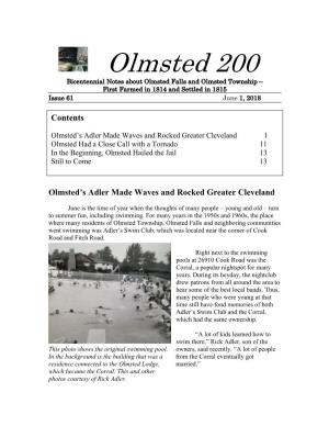 Olmsted 200 Bicentennial Notes About Olmsted Falls and Olmsted Township – First Farmed in 1814 and Settled in 1815 Issue 61 June 1, 2018