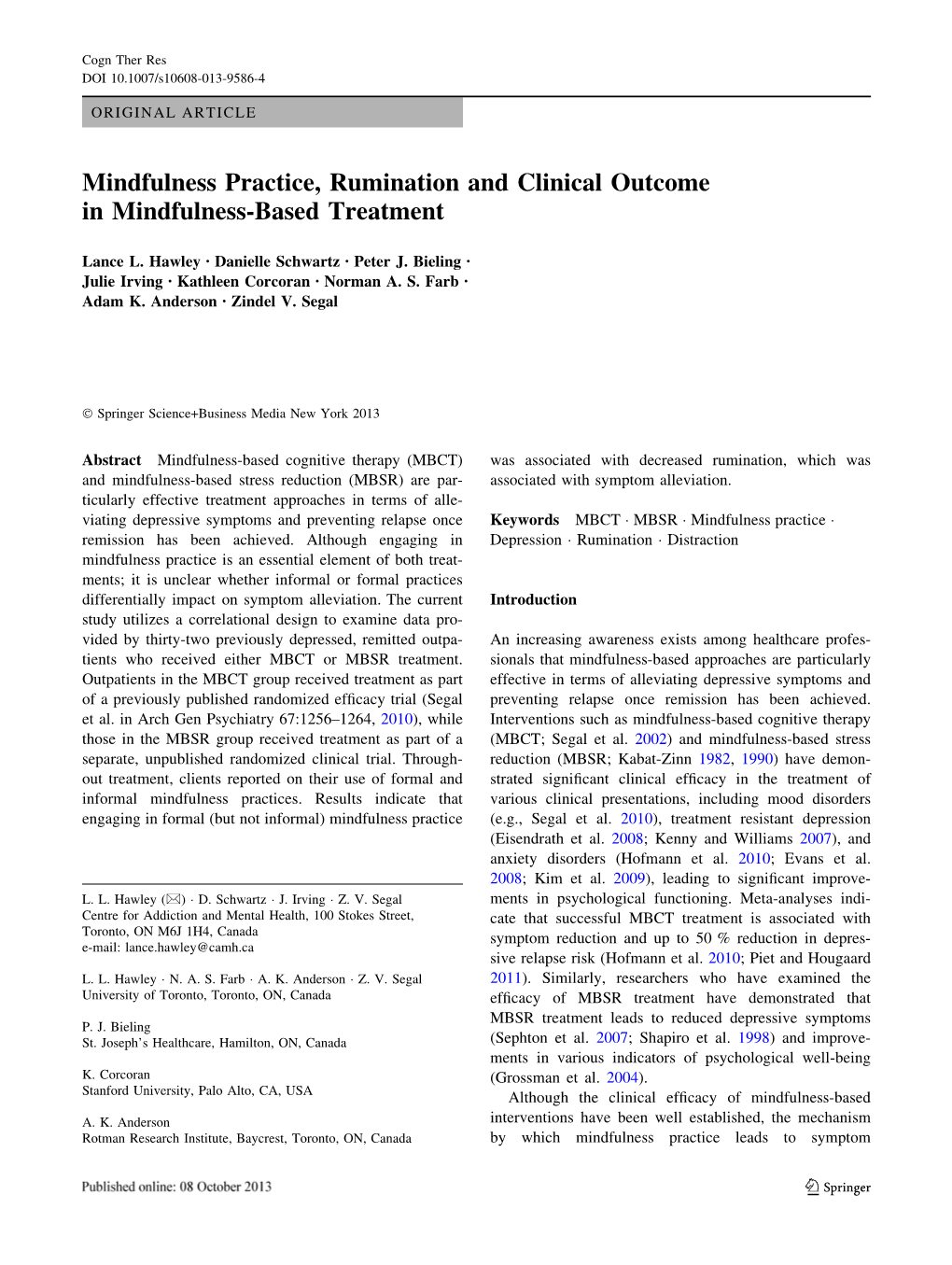 2013 Mindfulness Practice, Rumination and Clinical Outcome