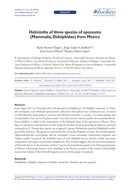 Helminths of Three Species of Opossums (Mammalia, Didelphidae) from Mexico