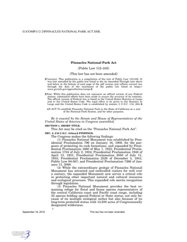 Pinnacles National Park Act [Public Law 112–245] [This Law Has Not Been Amended] Øcurrency: This Publication Is a Compilation of the Text of Public Law 112-245