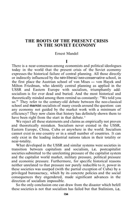 The Roots of the Present Crisis in the Soviet Economy I